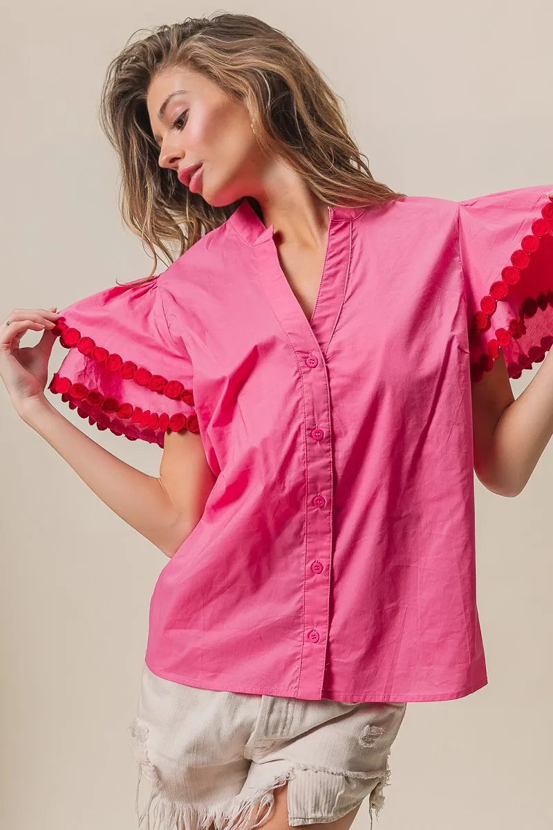 BiBi Dot Trim Flutter Sleeve Notched Top - Image 2