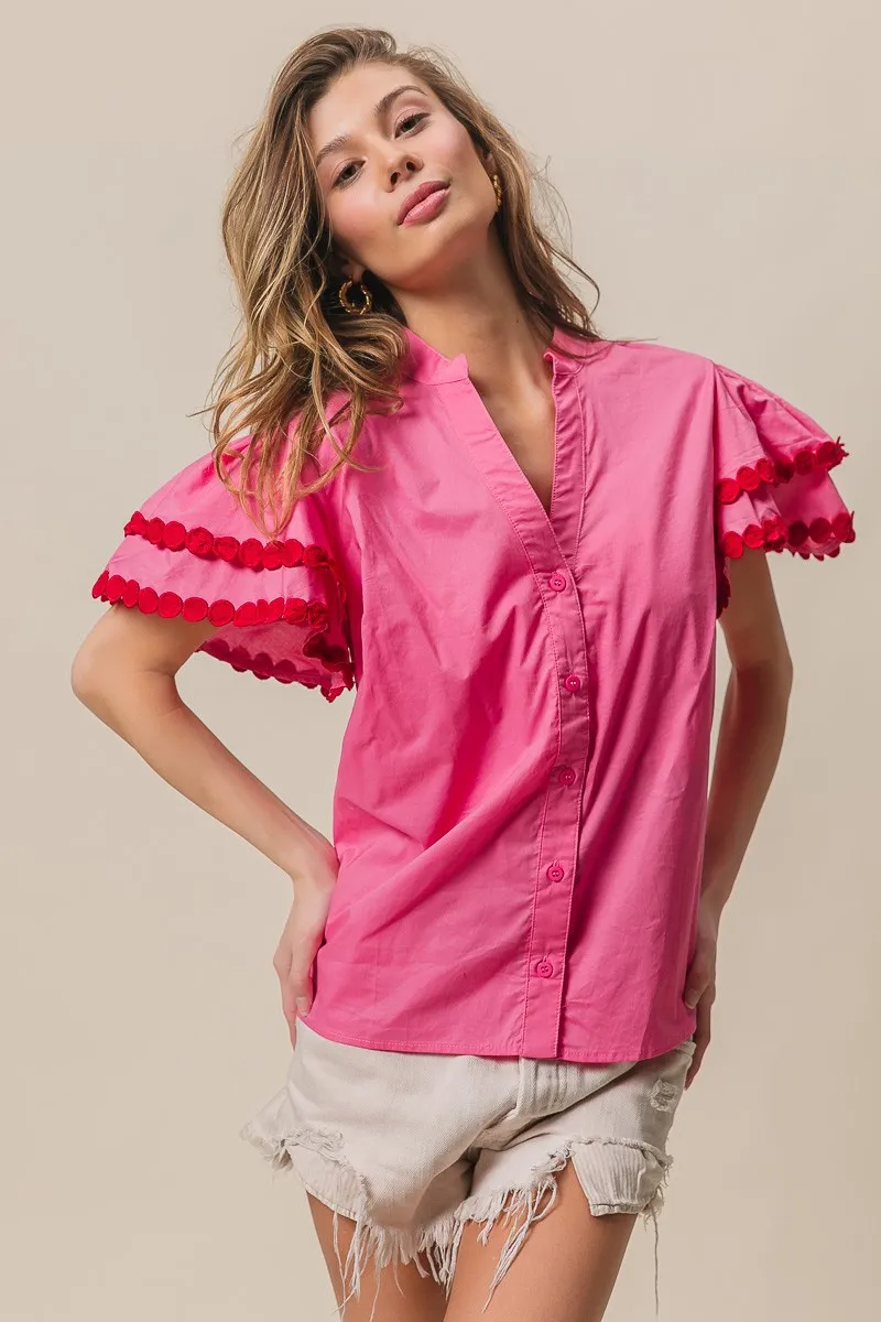 BiBi Dot Trim Flutter Sleeve Notched Top - Image 3