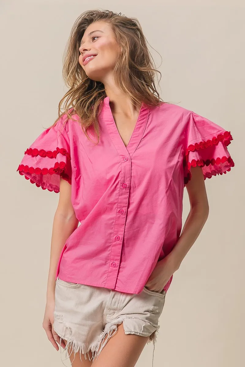 BiBi Dot Trim Flutter Sleeve Notched Top - Image 4