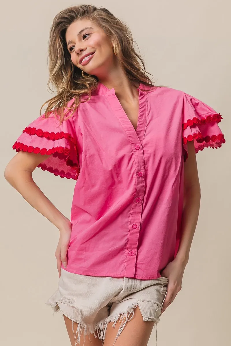 BiBi Dot Trim Flutter Sleeve Notched Top - Image 5
