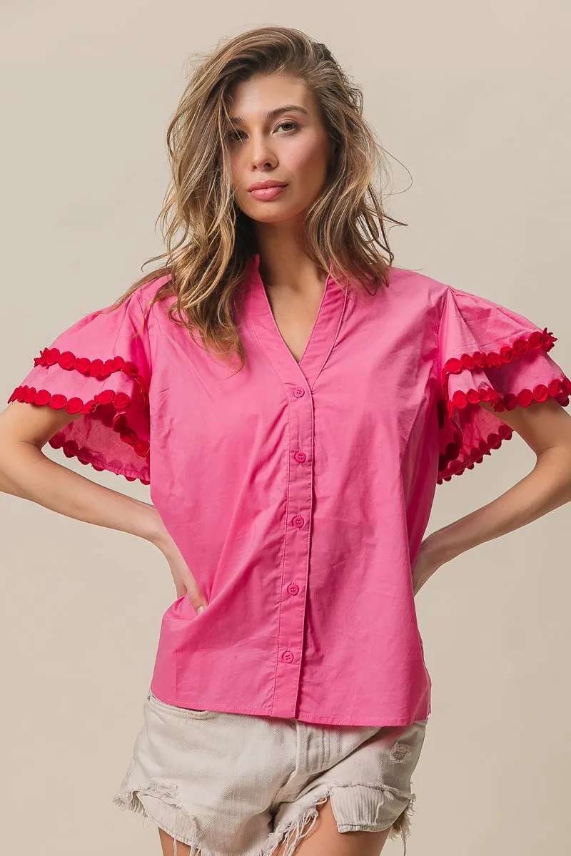 BiBi Dot Trim Flutter Sleeve Notched Top - Image 6