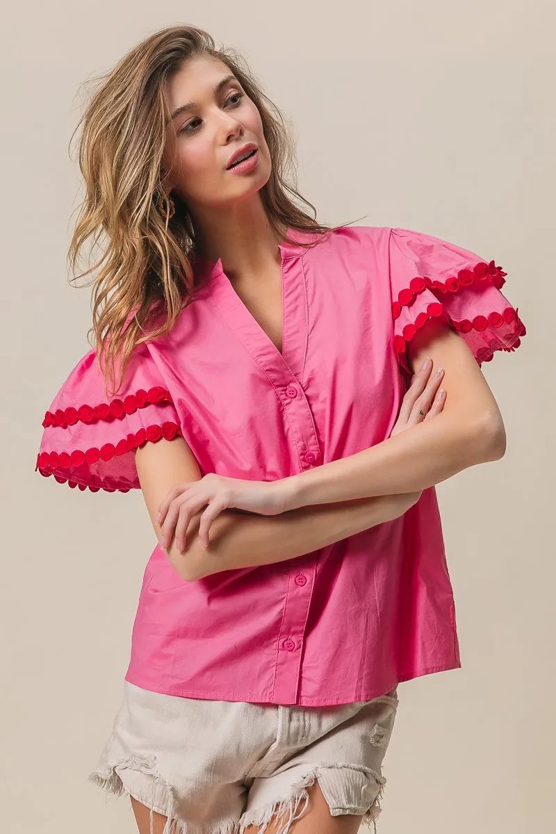 BiBi Dot Trim Flutter Sleeve Notched Top - Image 7