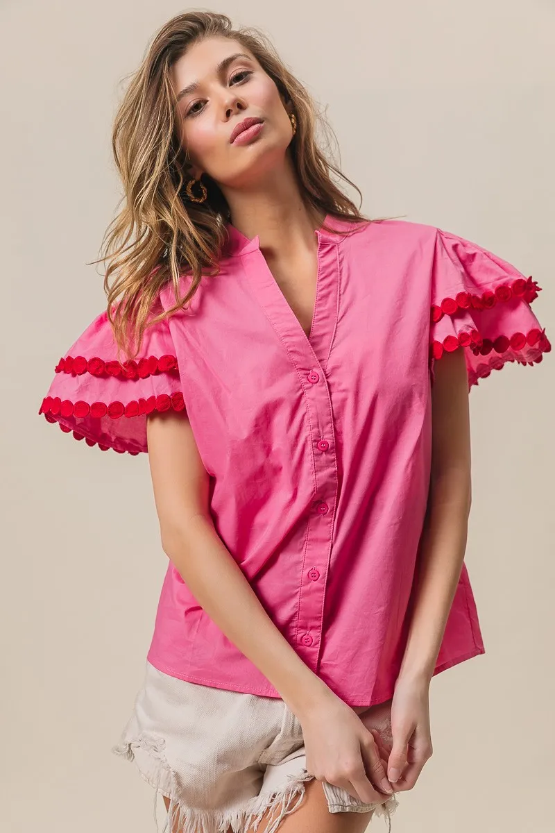 BiBi Dot Trim Flutter Sleeve Notched Top - Image 8