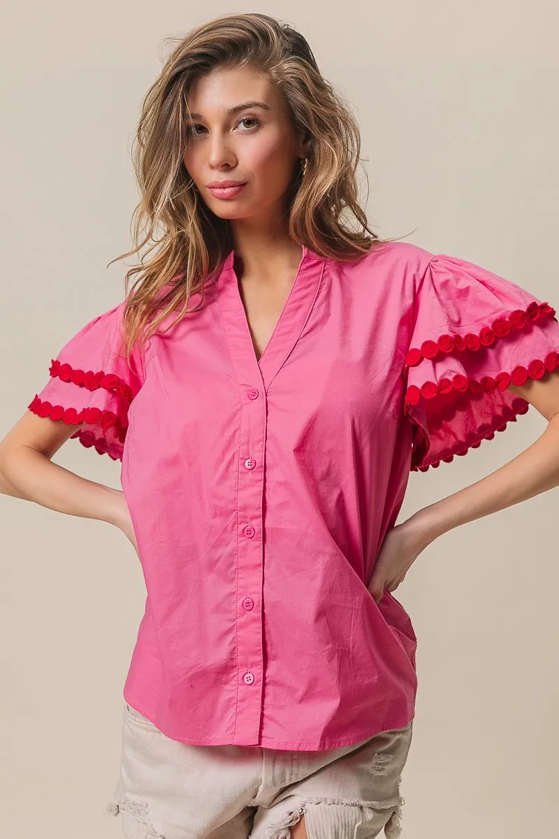 BiBi Dot Trim Flutter Sleeve Notched Top - Image 9