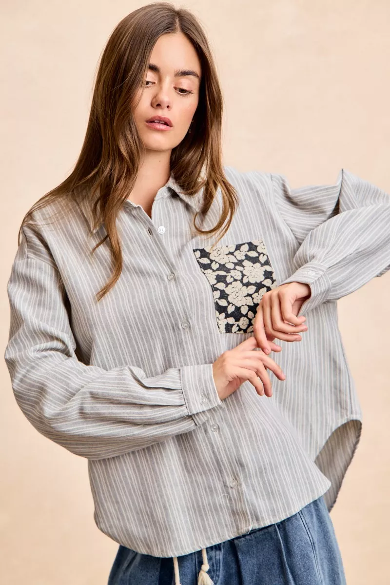 BiBi Flower Jacquard Knit Patch Pocket Stripe Shirt - Image 10