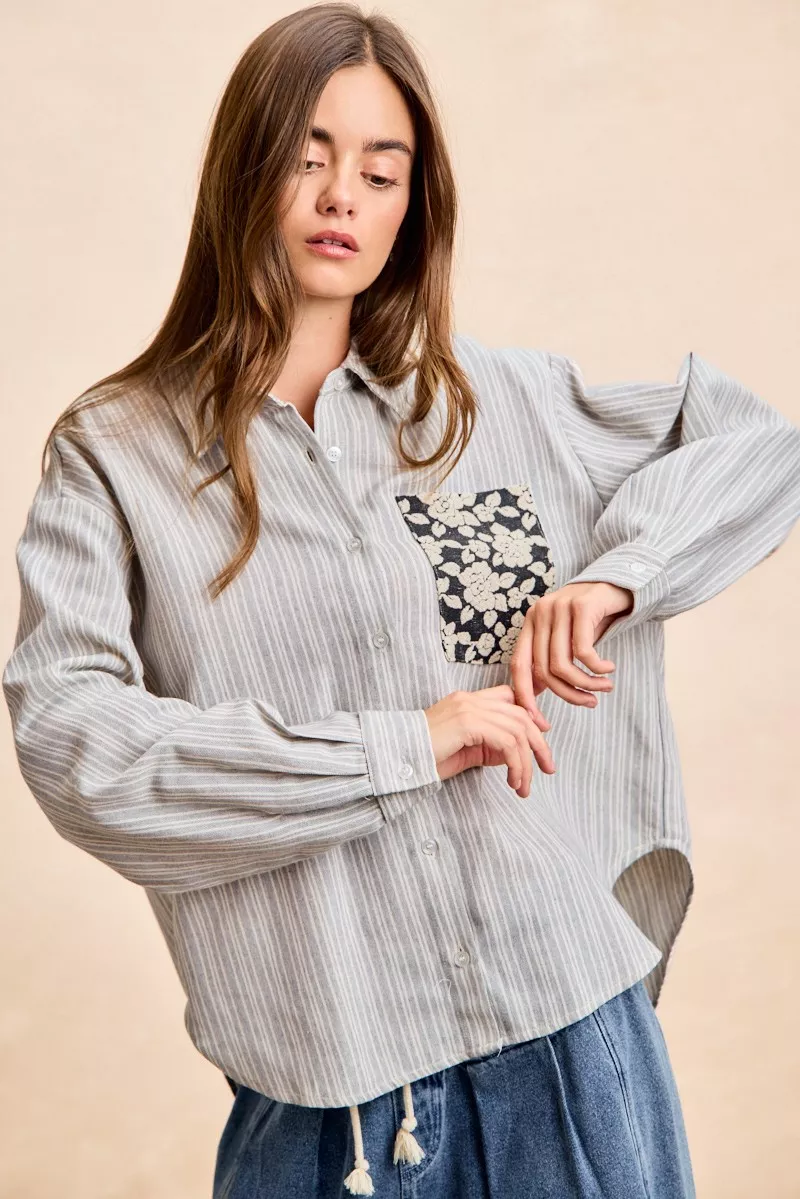 BiBi Flower Jacquard Knit Patch Pocket Stripe Shirt - Image 11
