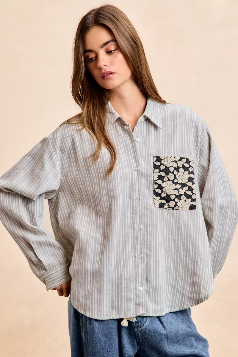 BiBi Flower Jacquard Knit Patch Pocket Stripe Shirt - Image 12