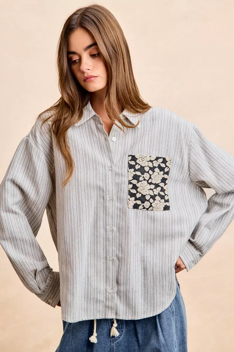 BiBi Flower Jacquard Knit Patch Pocket Stripe Shirt - Image 13