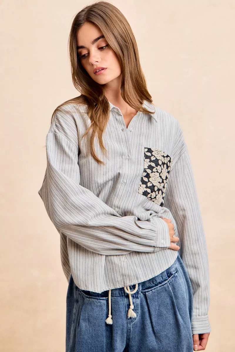 BiBi Flower Jacquard Knit Patch Pocket Stripe Shirt - Image 14