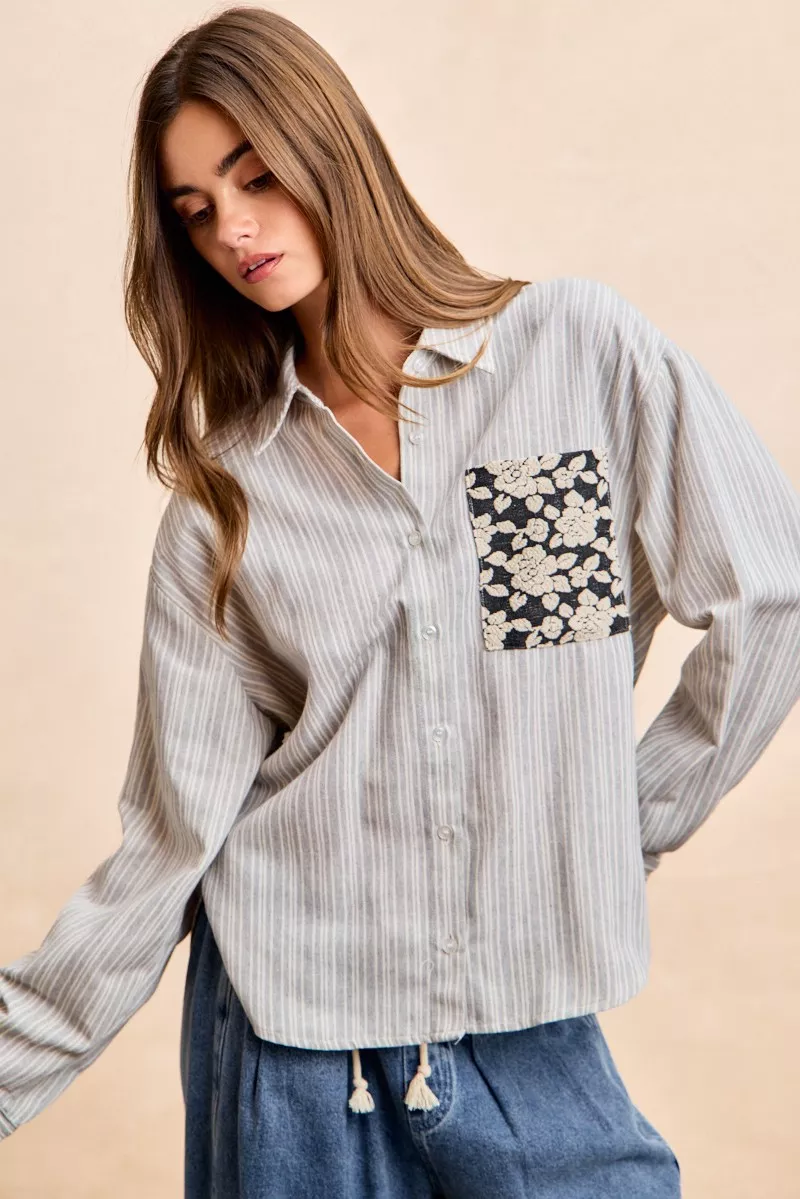BiBi Flower Jacquard Knit Patch Pocket Stripe Shirt - Image 15