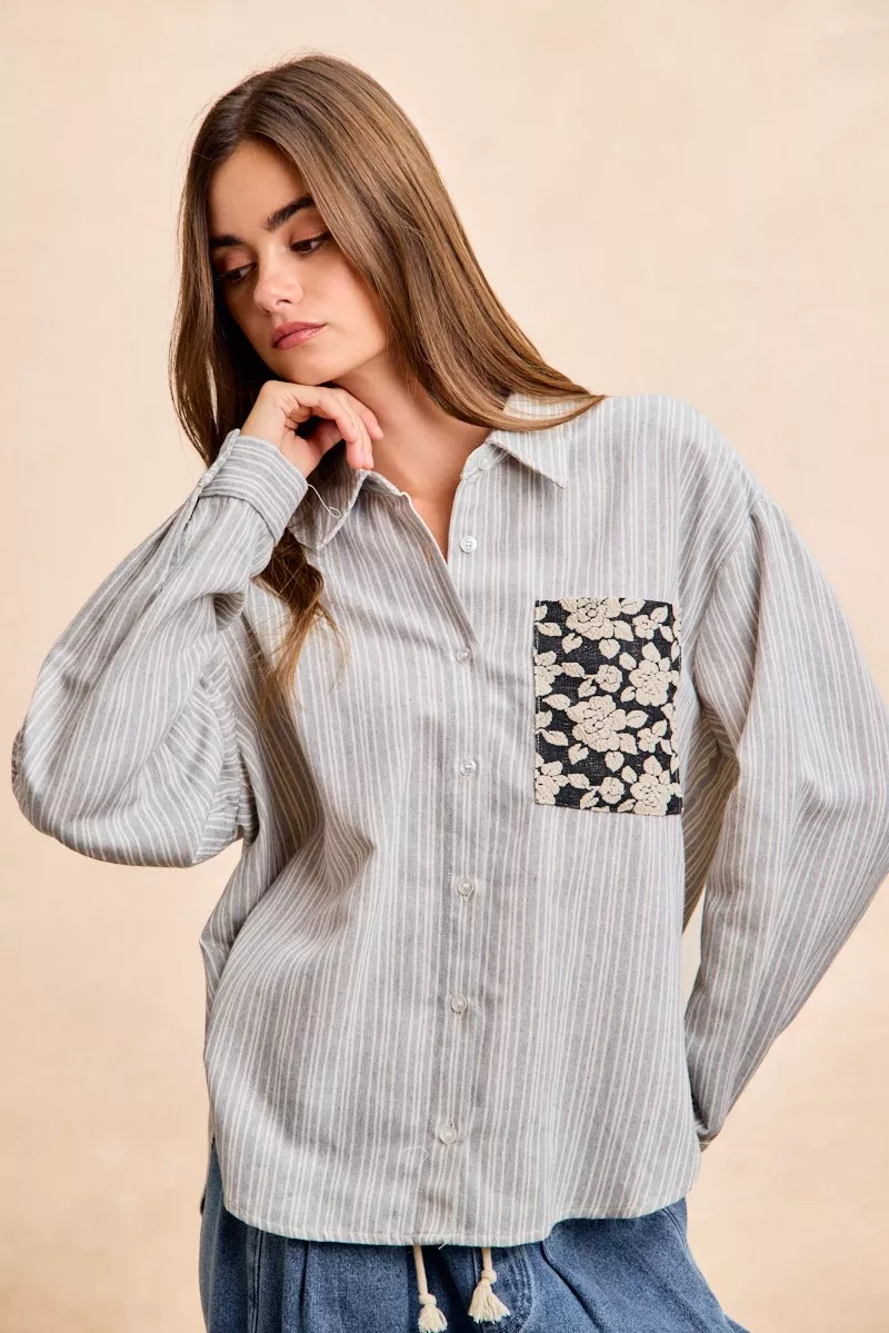 BiBi Flower Jacquard Knit Patch Pocket Stripe Shirt - Image 16