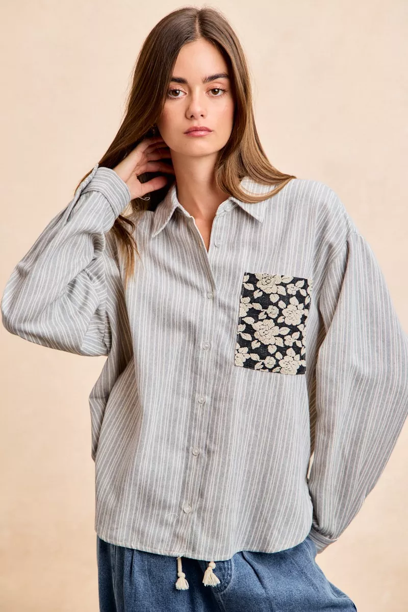 BiBi Flower Jacquard Knit Patch Pocket Stripe Shirt - Image 17