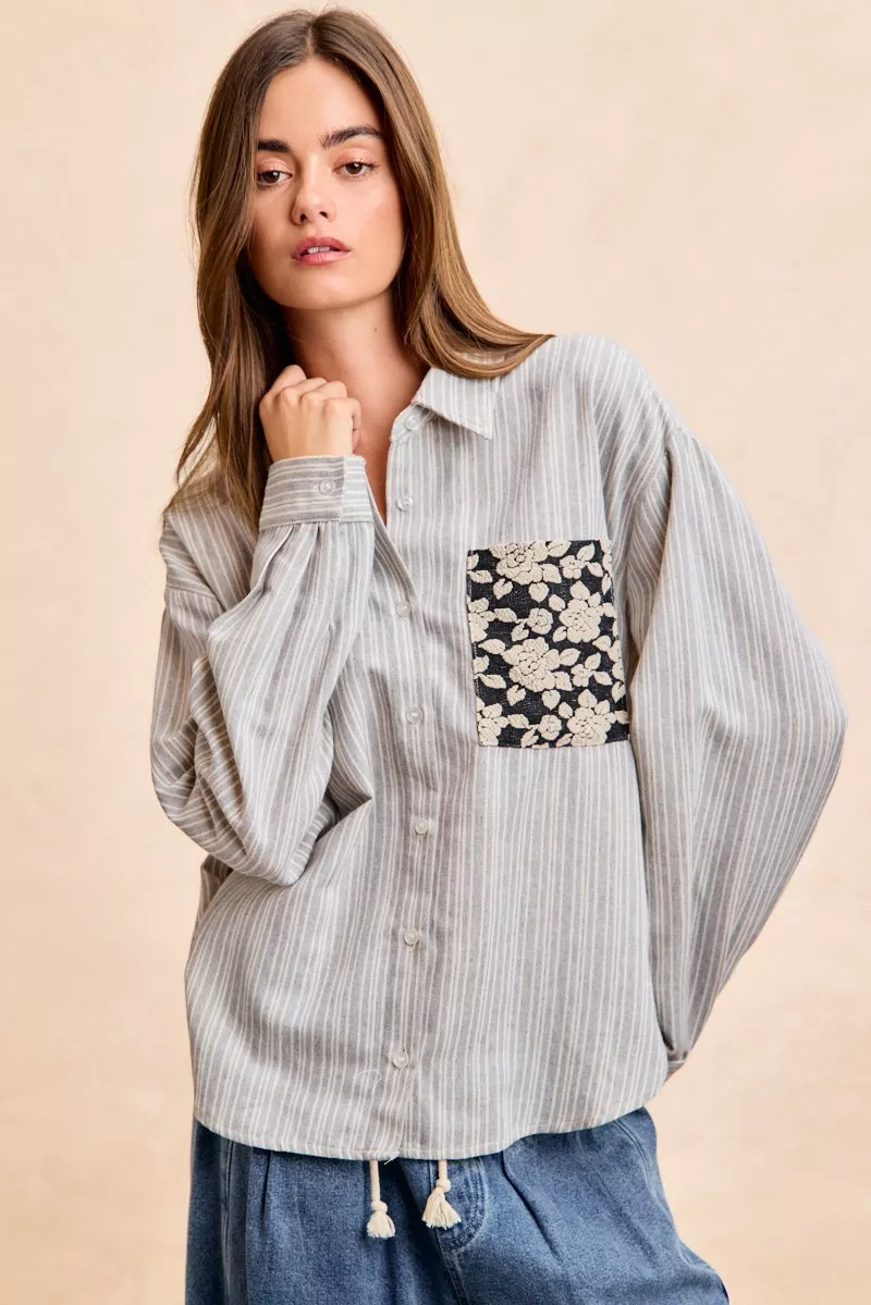 BiBi Flower Jacquard Knit Patch Pocket Stripe Shirt - Image 2