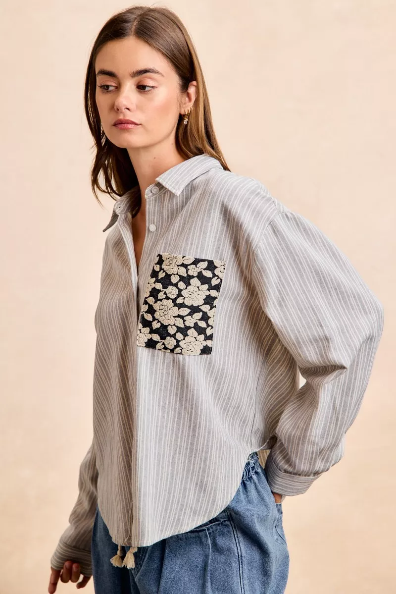 BiBi Flower Jacquard Knit Patch Pocket Stripe Shirt - Image 3