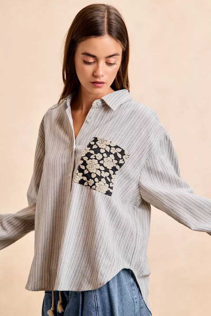BiBi Flower Jacquard Knit Patch Pocket Stripe Shirt - Image 4