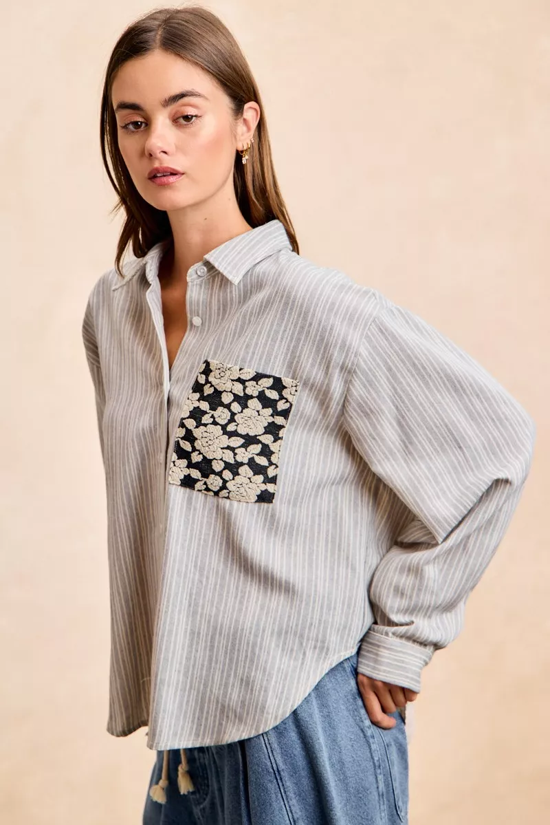 BiBi Flower Jacquard Knit Patch Pocket Stripe Shirt - Image 5
