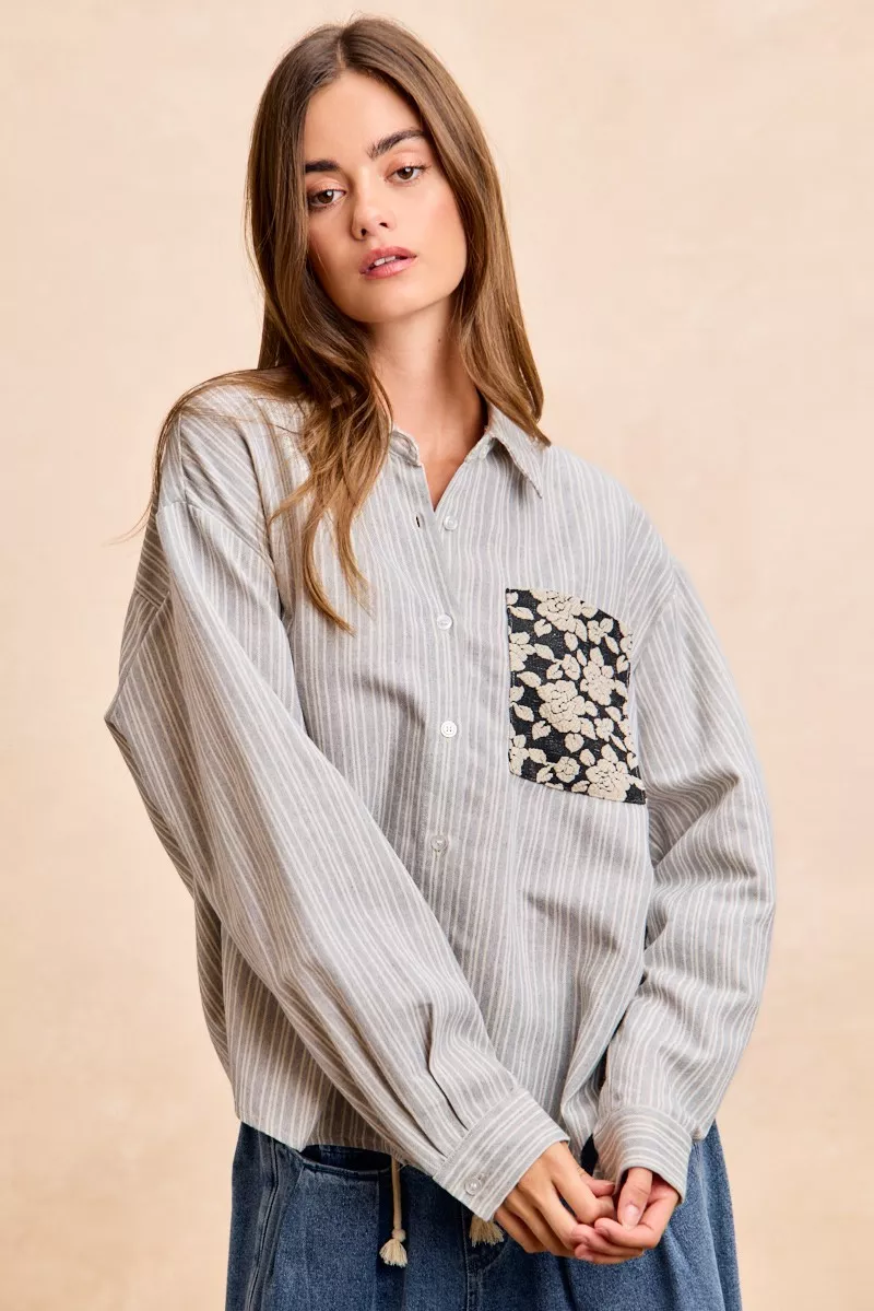BiBi Flower Jacquard Knit Patch Pocket Stripe Shirt - Image 6