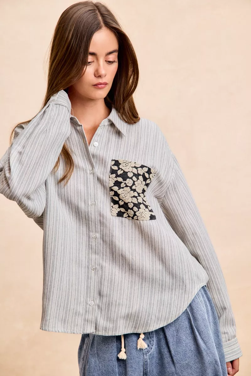 BiBi Flower Jacquard Knit Patch Pocket Stripe Shirt - Image 7