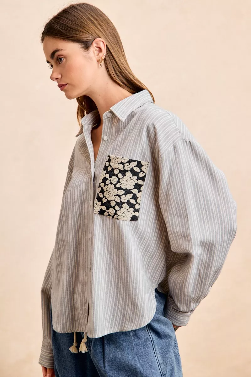 BiBi Flower Jacquard Knit Patch Pocket Stripe Shirt - Image 8