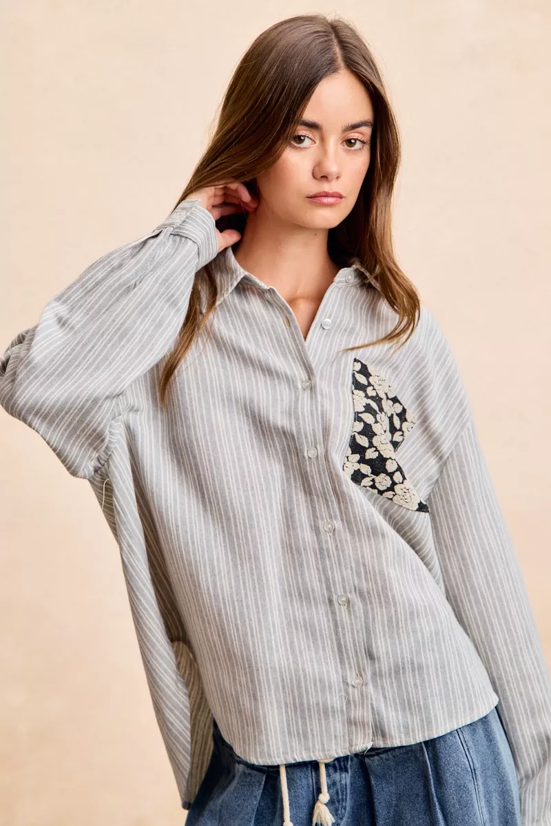 BiBi Flower Jacquard Knit Patch Pocket Stripe Shirt - Image 9