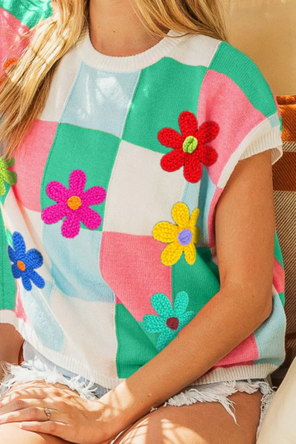BiBi Flower Patch Checkered Sweater Vest - Image 3