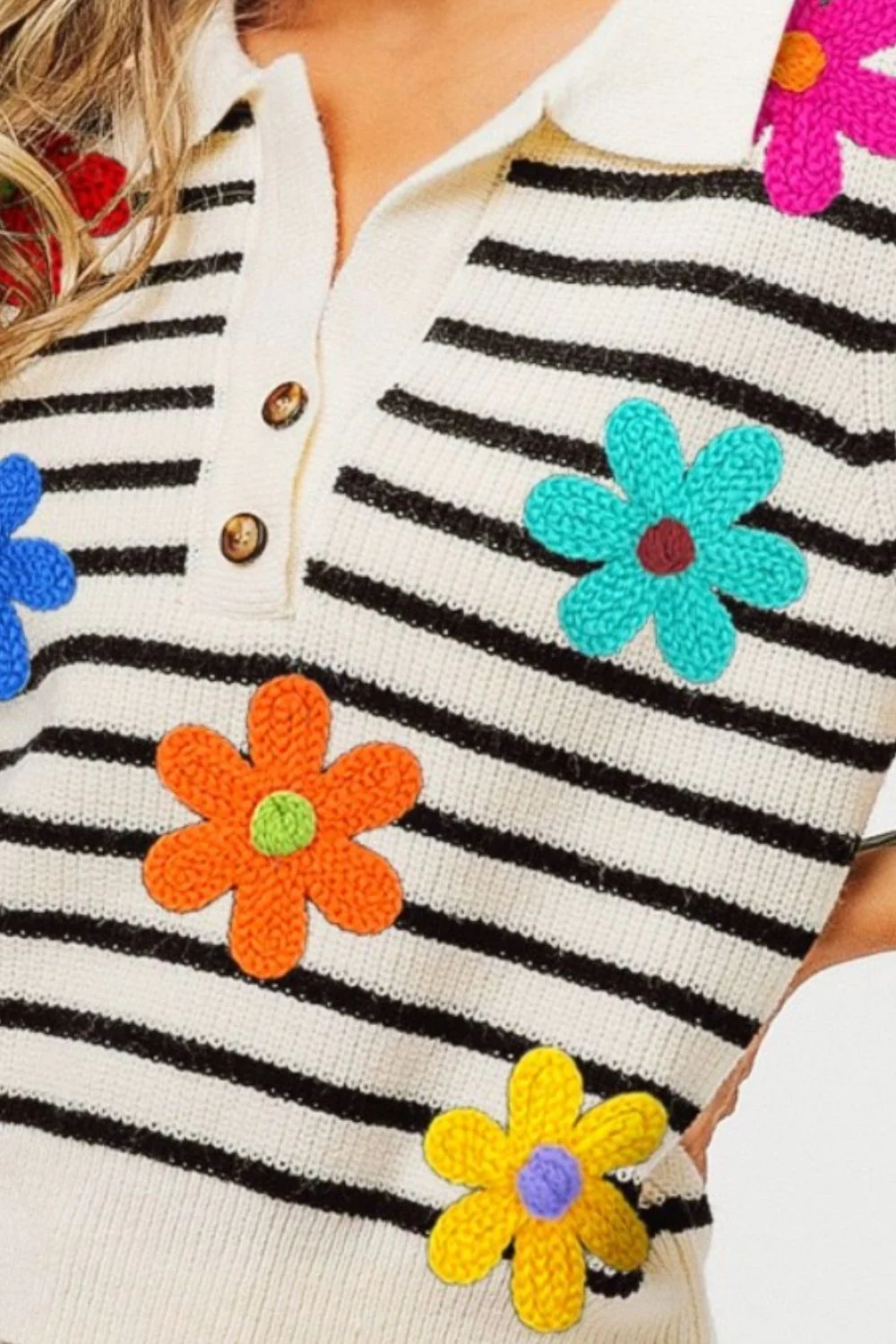 BiBi Flower Patch Striped Half Button Sweater Vest - Image 3