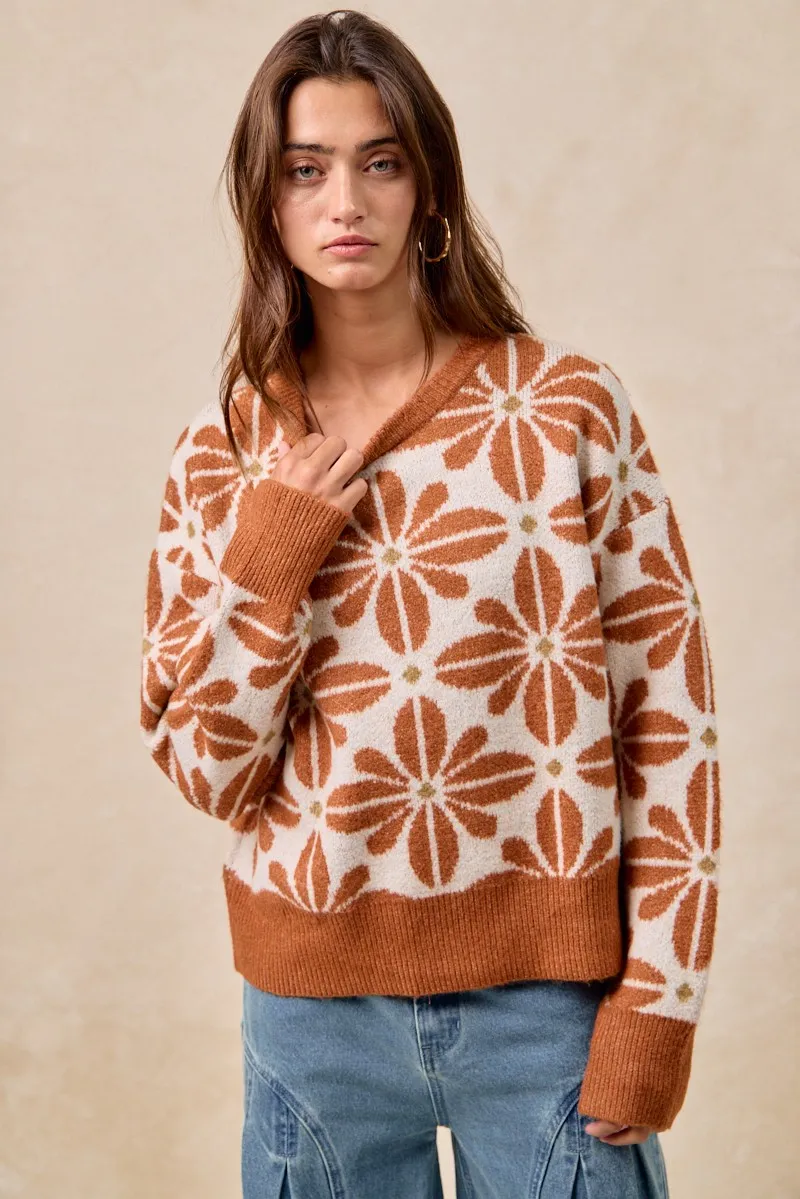 BiBi Flower Pattern Long Sleeve Sweater - Image 3