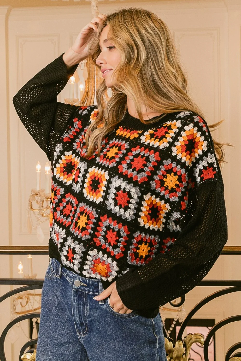BiBi Granny Square Front Long Sleeve Top - Image 3