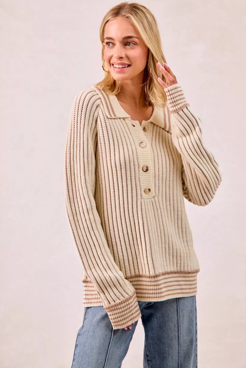 BiBi Half Button Ribbed Two Tone Sweater - Image 10