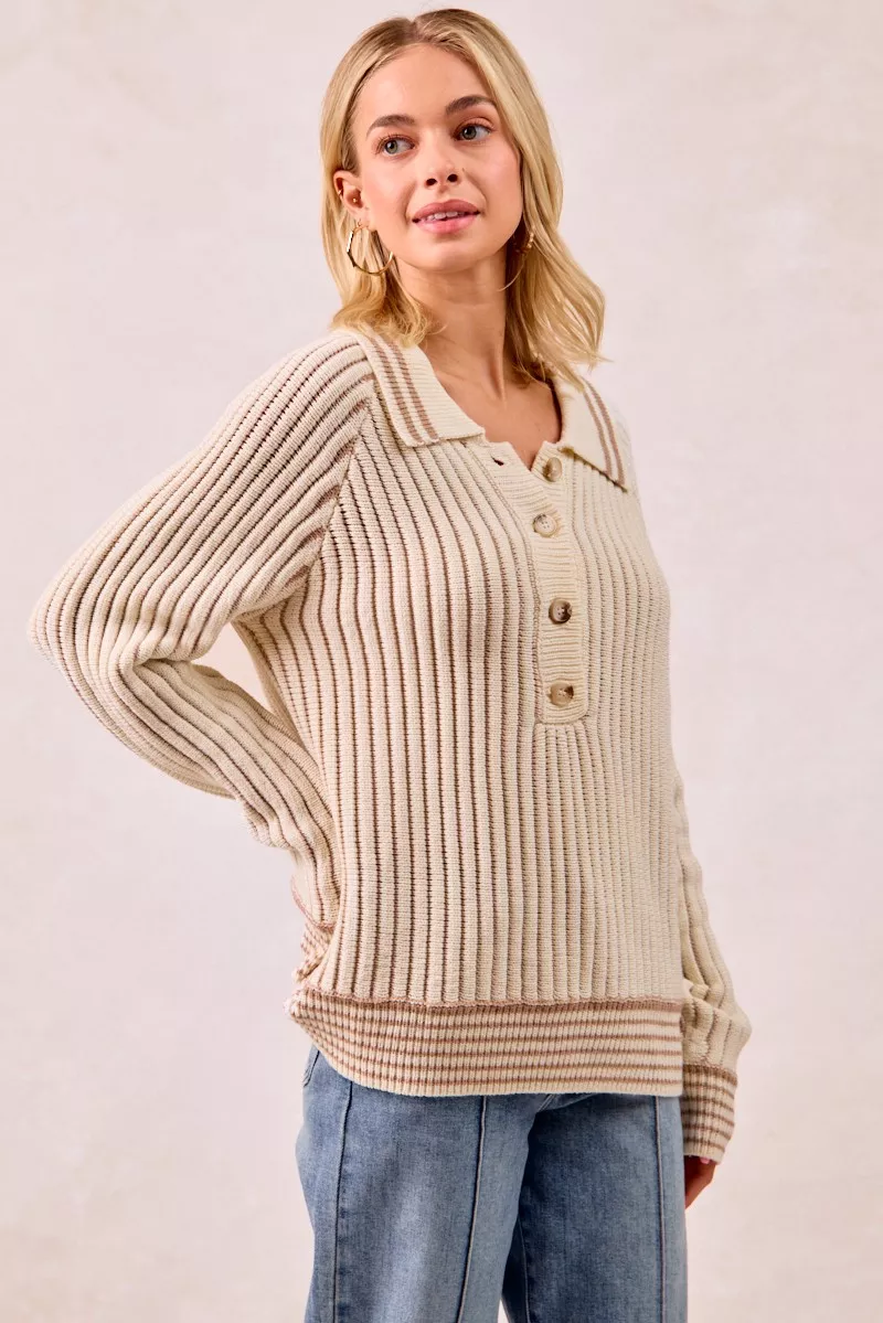 BiBi Half Button Ribbed Two Tone Sweater - Image 11