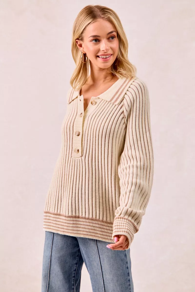 BiBi Half Button Ribbed Two Tone Sweater - Image 12