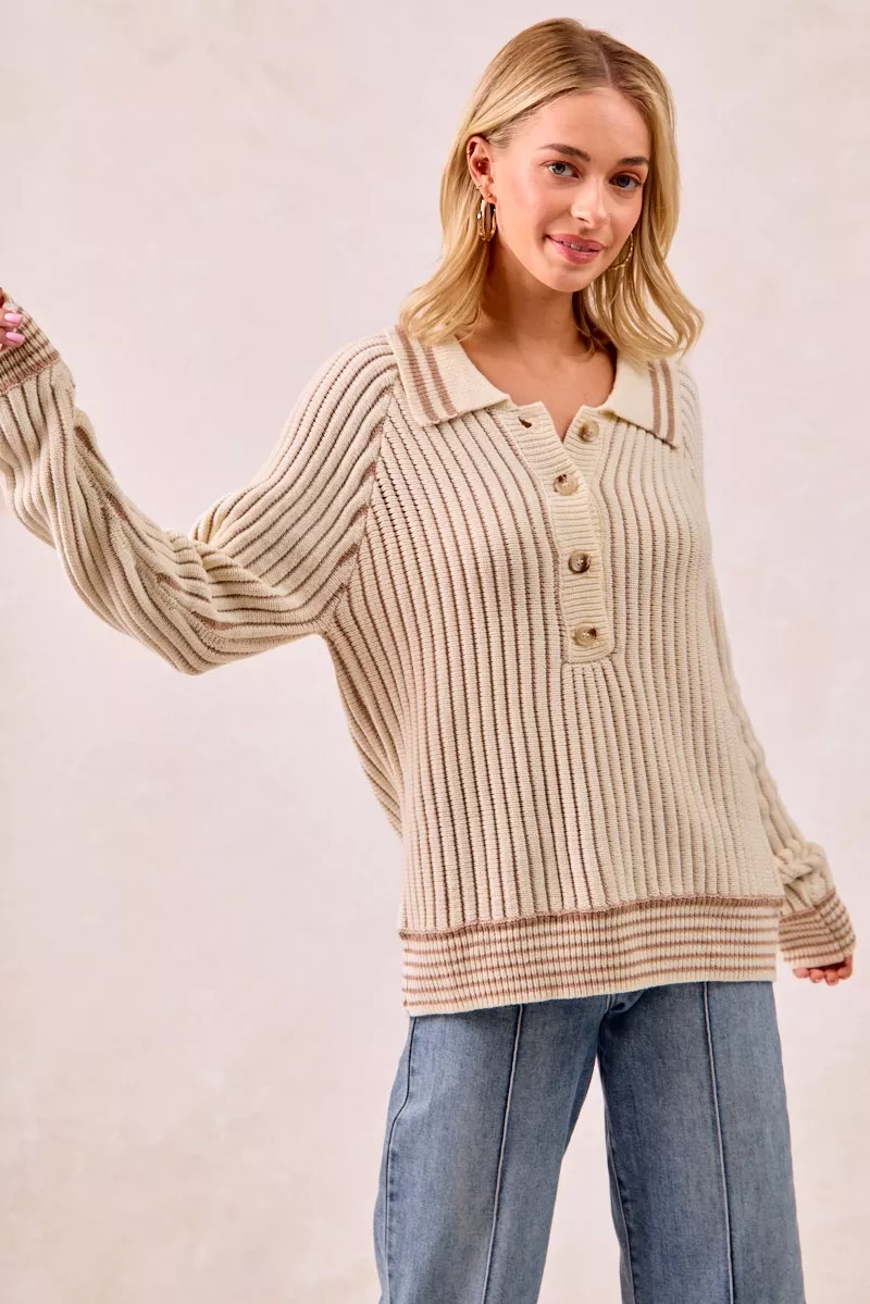 BiBi Half Button Ribbed Two Tone Sweater - Image 13