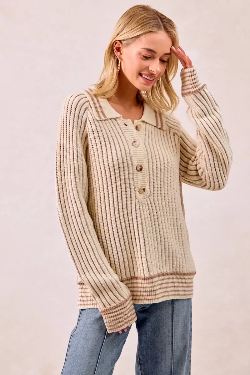 BiBi Half Button Ribbed Two Tone Sweater - Image 14