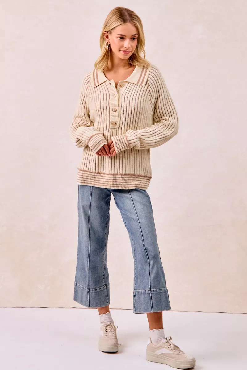 BiBi Half Button Ribbed Two Tone Sweater - Image 15