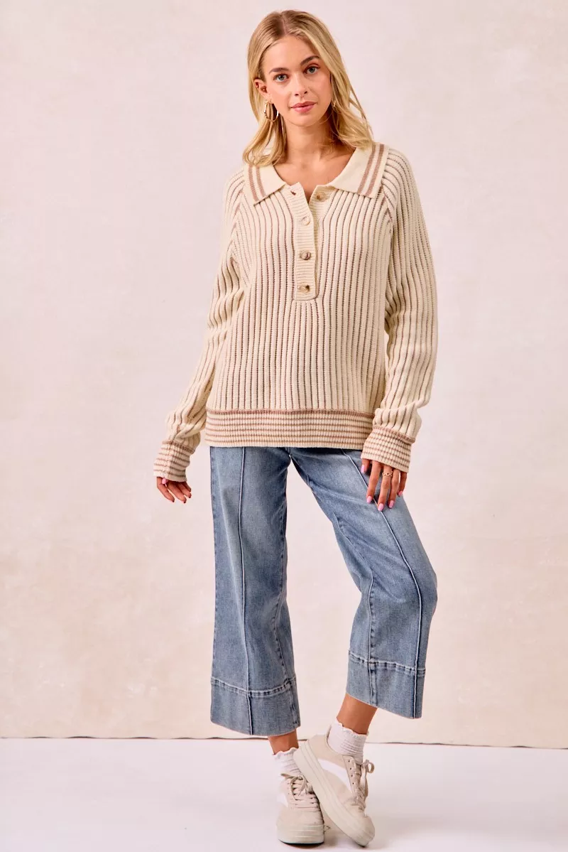 BiBi Half Button Ribbed Two Tone Sweater - Image 16