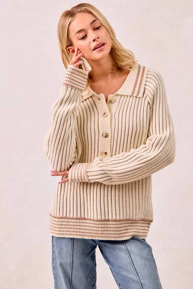 BiBi Half Button Ribbed Two Tone Sweater - Image 17