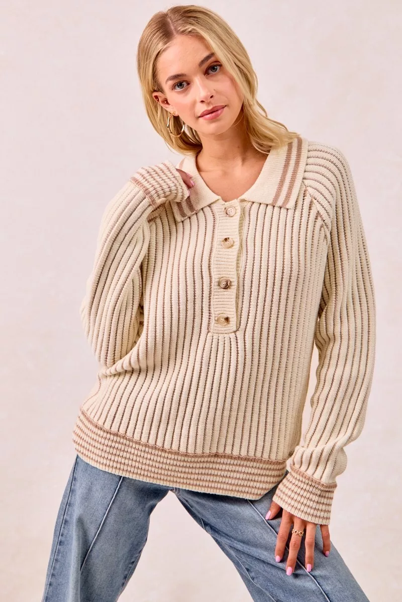 BiBi Half Button Ribbed Two Tone Sweater - Image 2