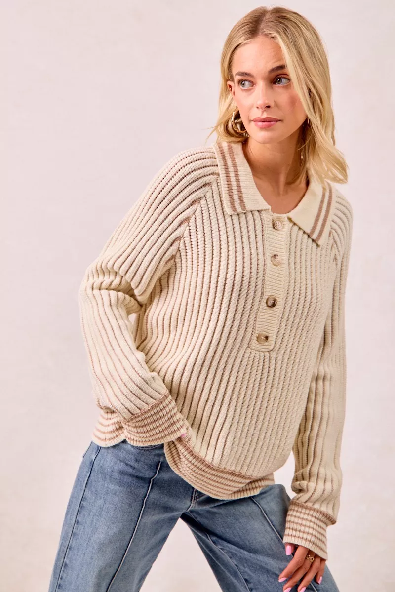 BiBi Half Button Ribbed Two Tone Sweater - Image 3