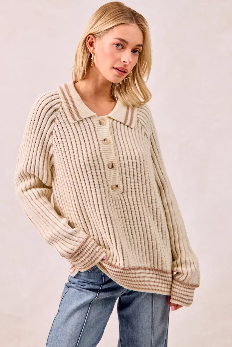 BiBi Half Button Ribbed Two Tone Sweater - Image 4