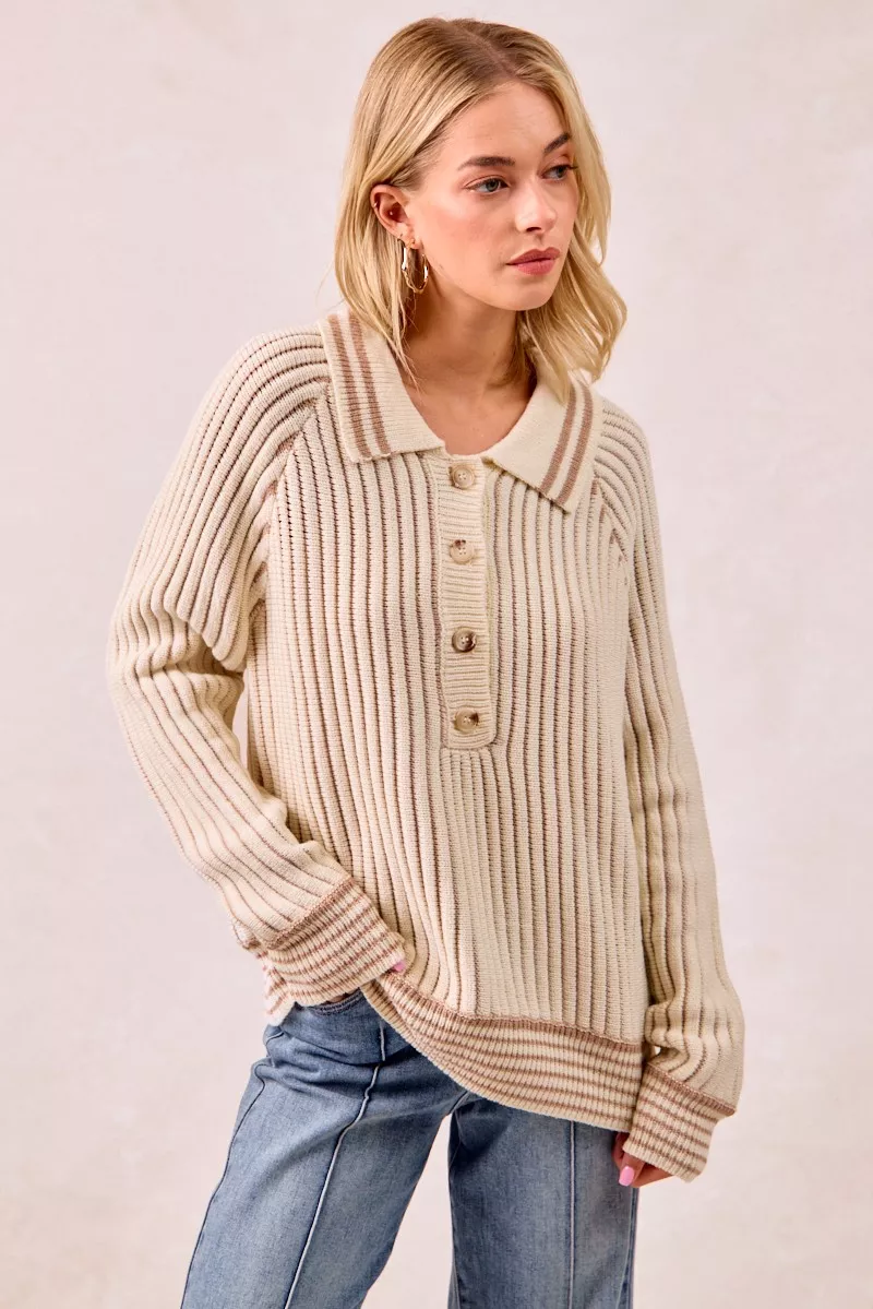 BiBi Half Button Ribbed Two Tone Sweater - Image 5