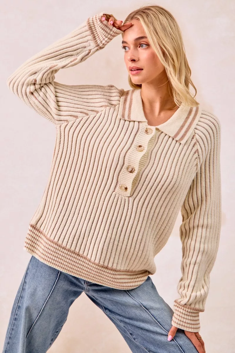 BiBi Half Button Ribbed Two Tone Sweater - Image 6