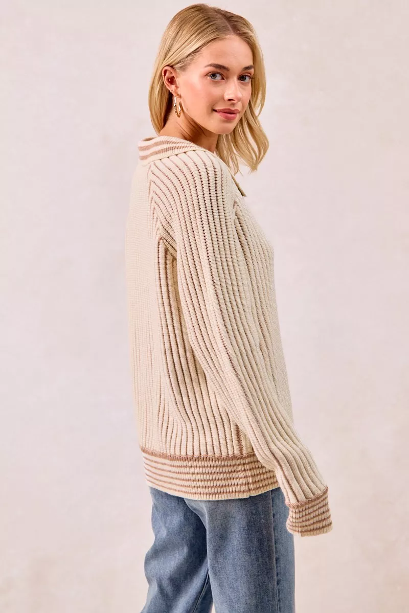 BiBi Half Button Ribbed Two Tone Sweater - Image 7
