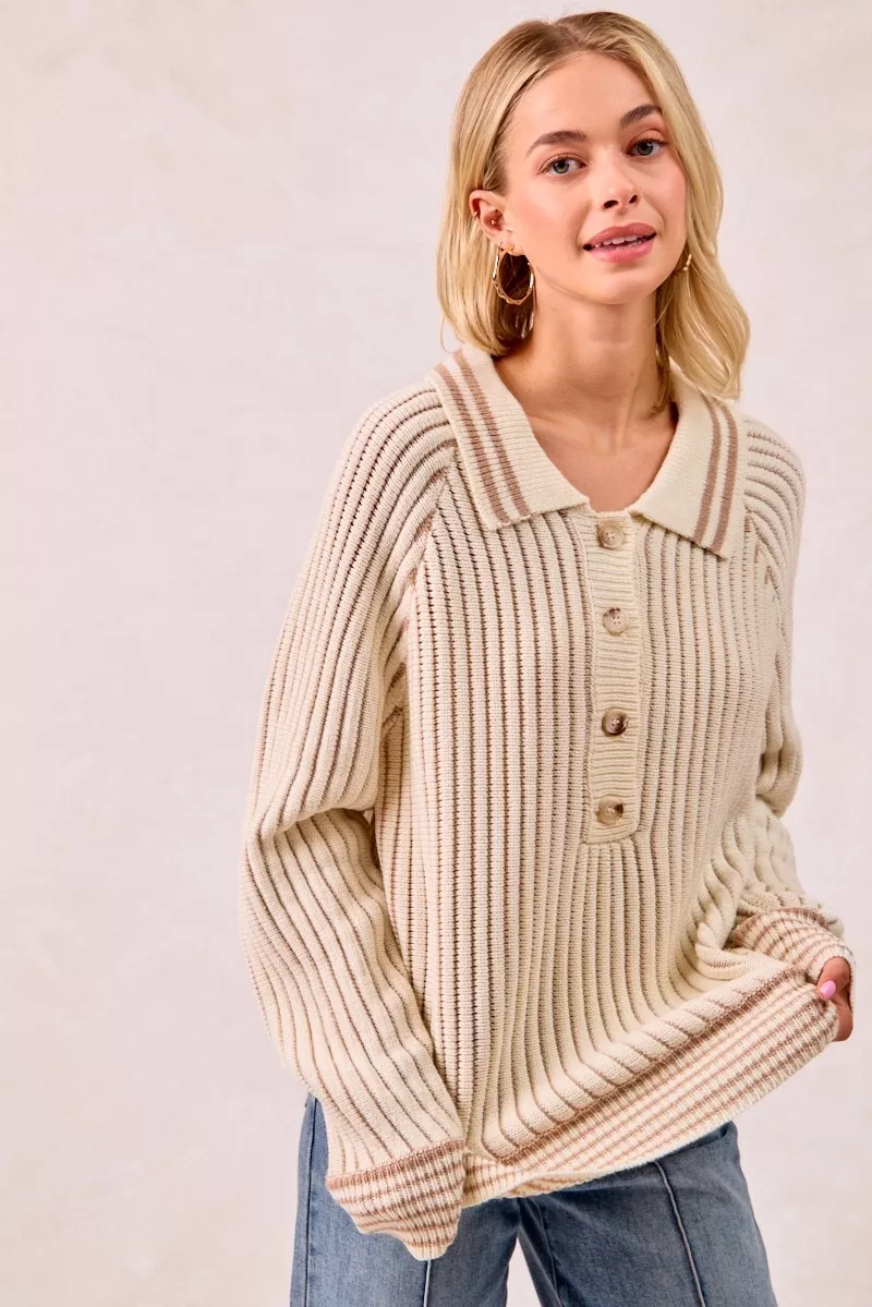 BiBi Half Button Ribbed Two Tone Sweater - Image 8