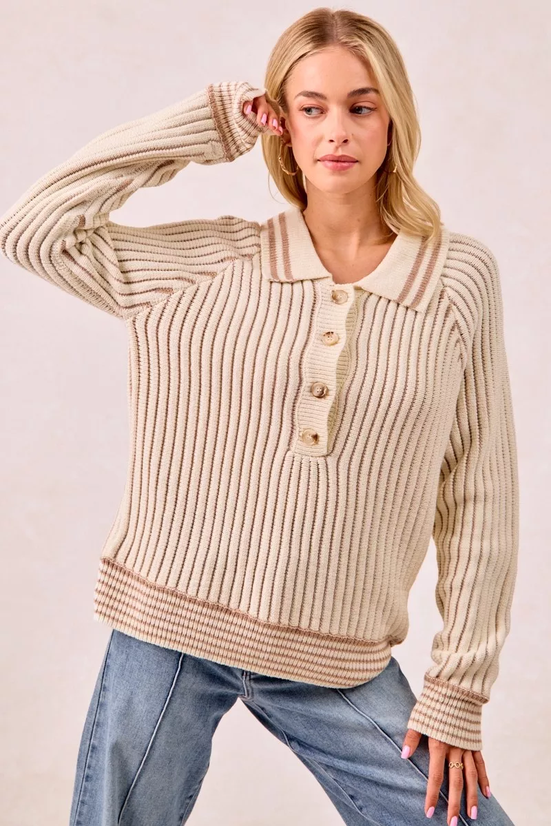 BiBi Half Button Ribbed Two Tone Sweater - Image 9