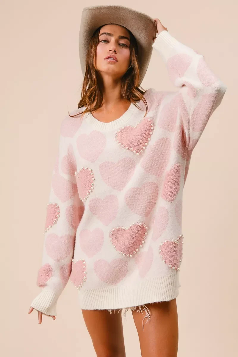 BiBi Heart Pattern Sweater with Pearl Detail - Image 11