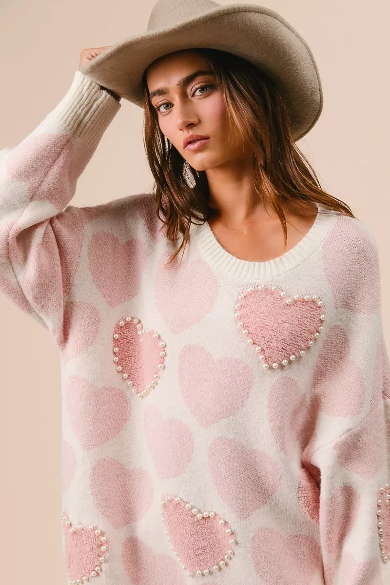 BiBi Heart Pattern Sweater with Pearl Detail - Image 2
