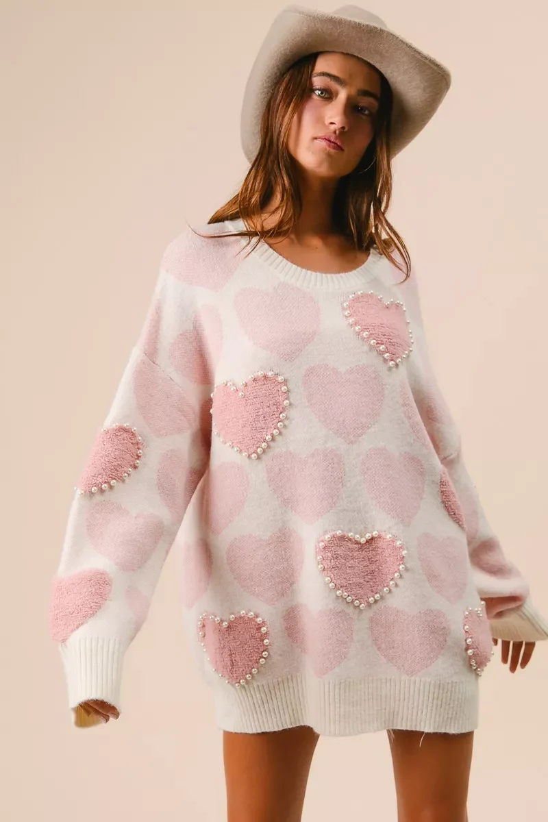 BiBi Heart Pattern Sweater with Pearl Detail - Image 3