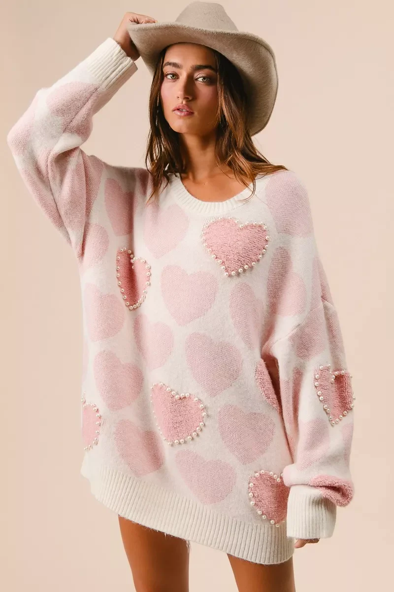 BiBi Heart Pattern Sweater with Pearl Detail - Image 4