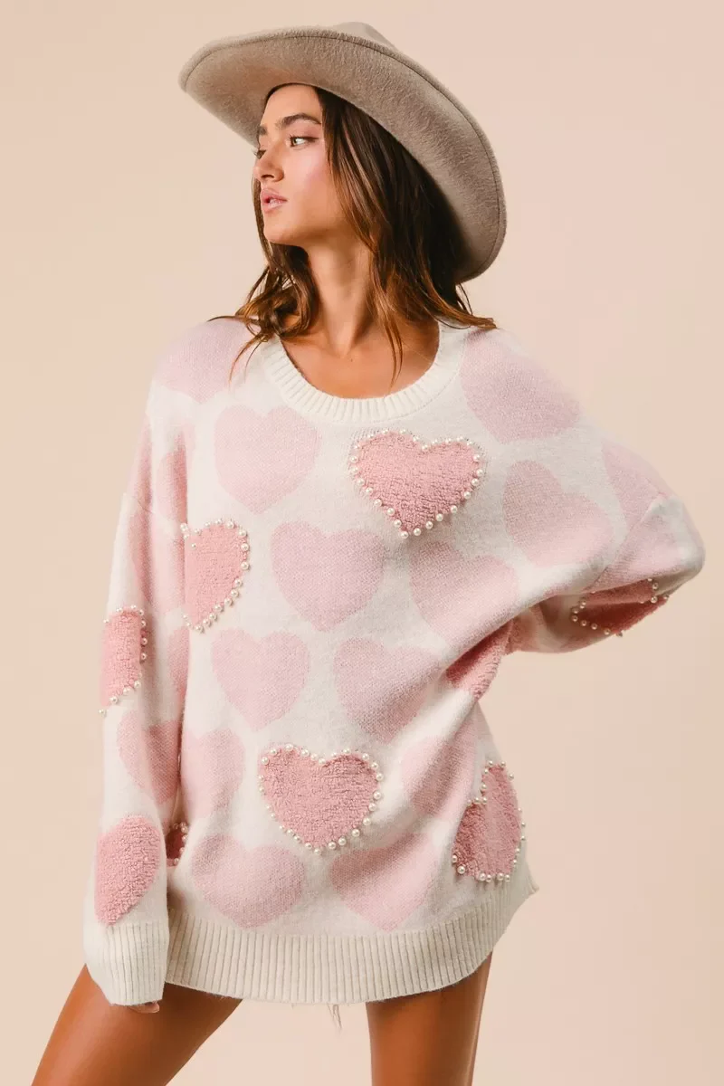 BiBi Heart Pattern Sweater with Pearl Detail - Image 8