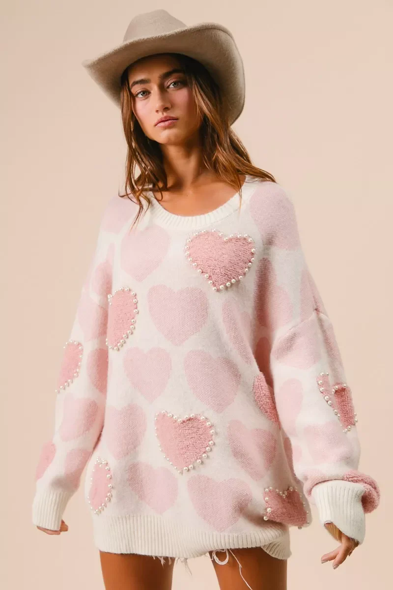 BiBi Heart Pattern Sweater with Pearl Detail - Image 9